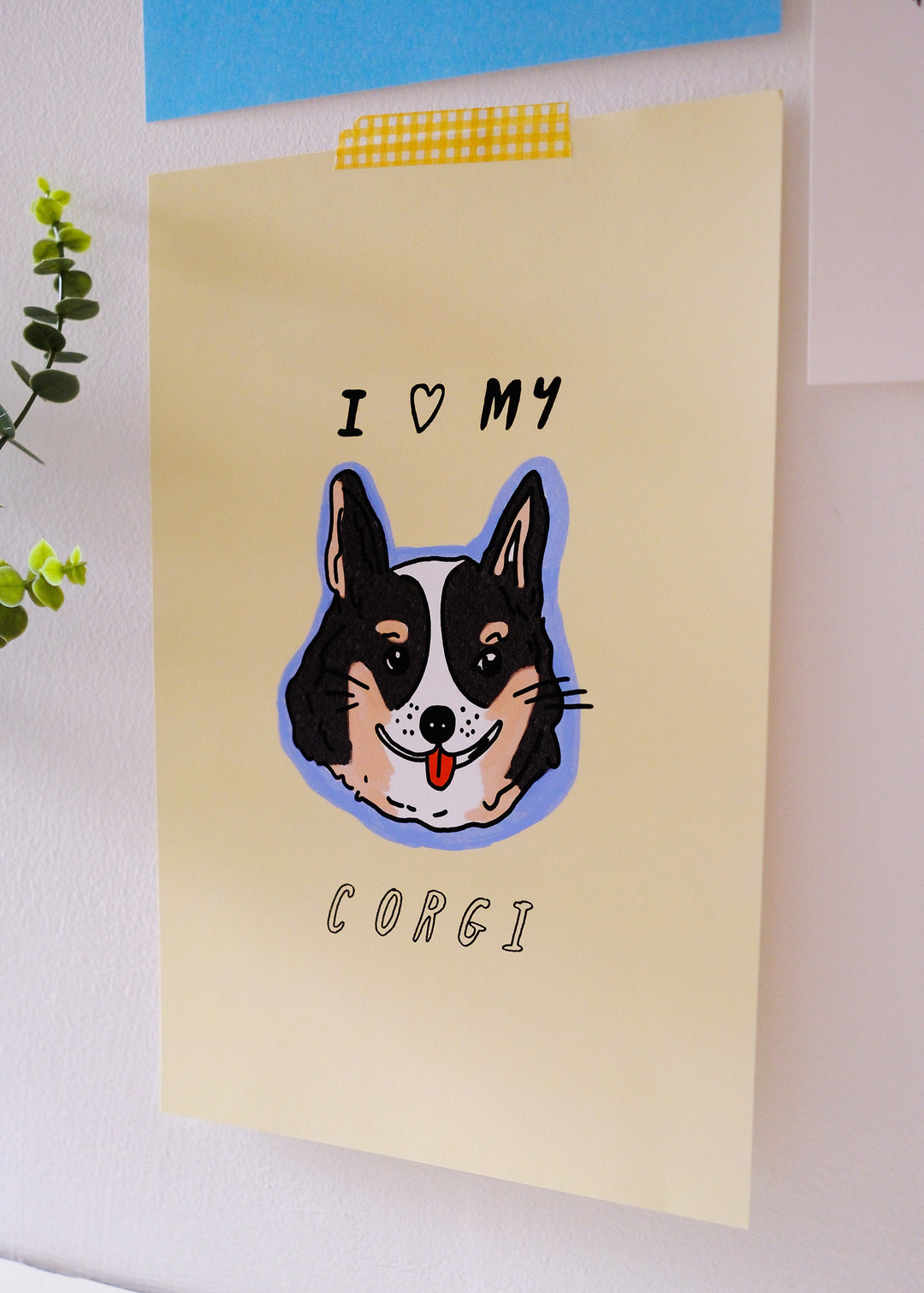 Art print of a corgi with 'I ❤️ my corgi' text on a yellow background