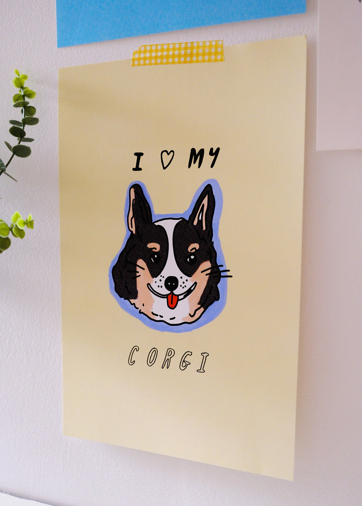 Art print of a corgi with 'I ❤️ my corgi' text on a yellow background