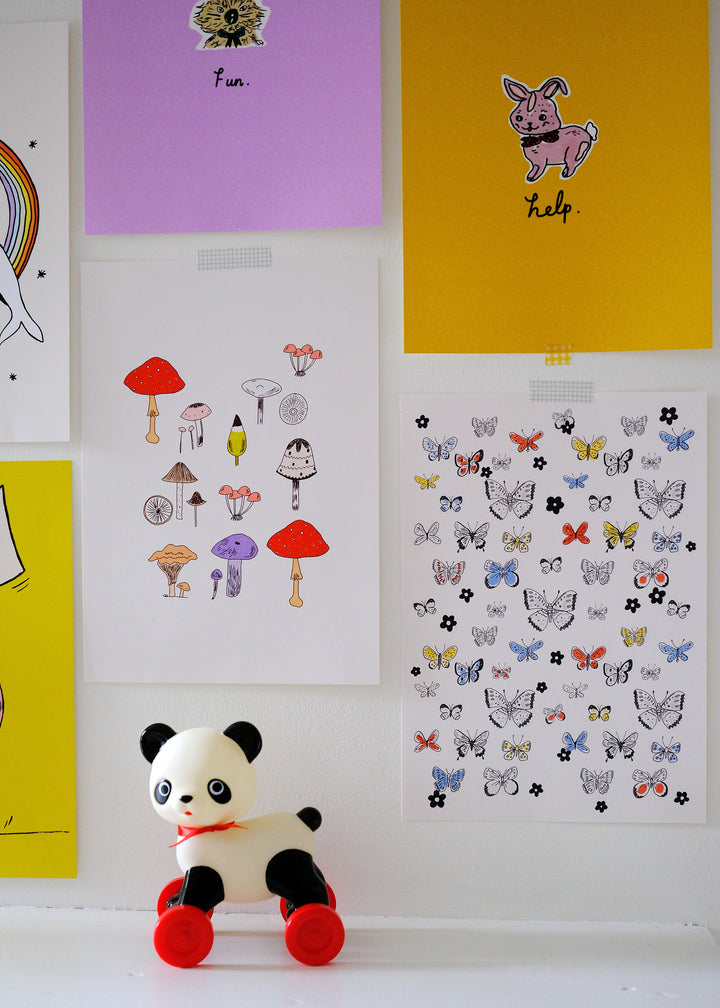 mushrooms and butterflies hand illustrated art prints
