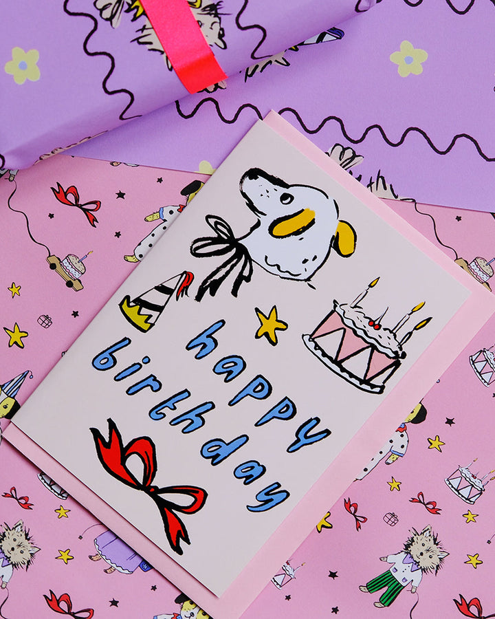 Colorful birthday card with illustrated characters on a patterned background