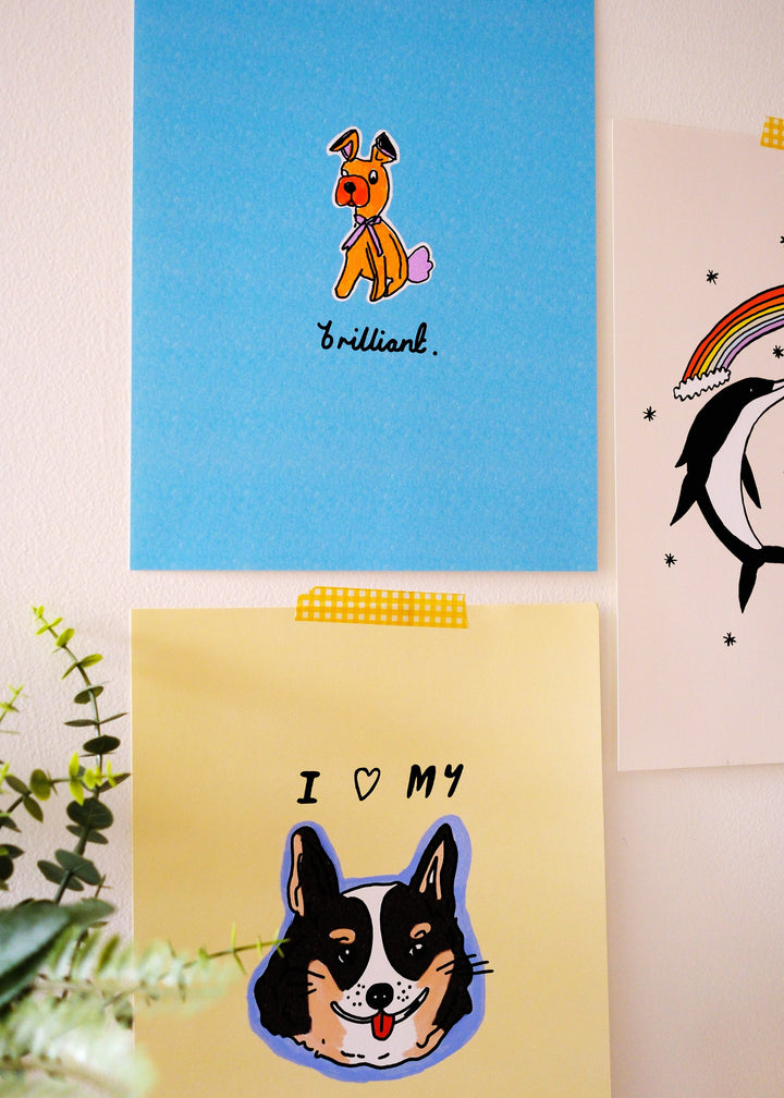 Three colorful art prints with illustrated animal designs on a light background