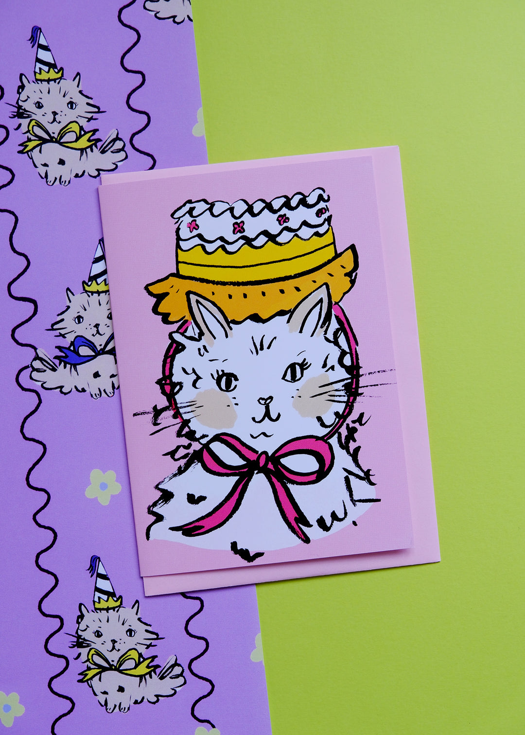 Pink Cat Cake Hat Celebration Card