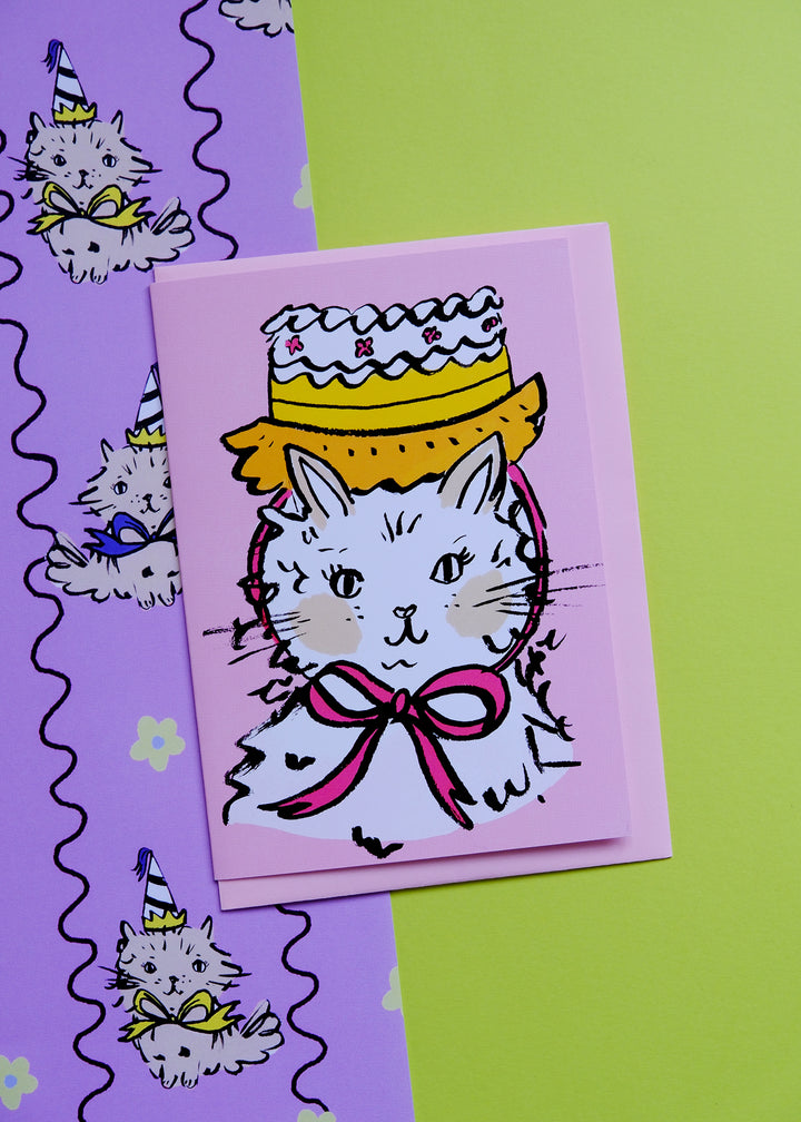 Pink Cat Cake Hat Celebration Card