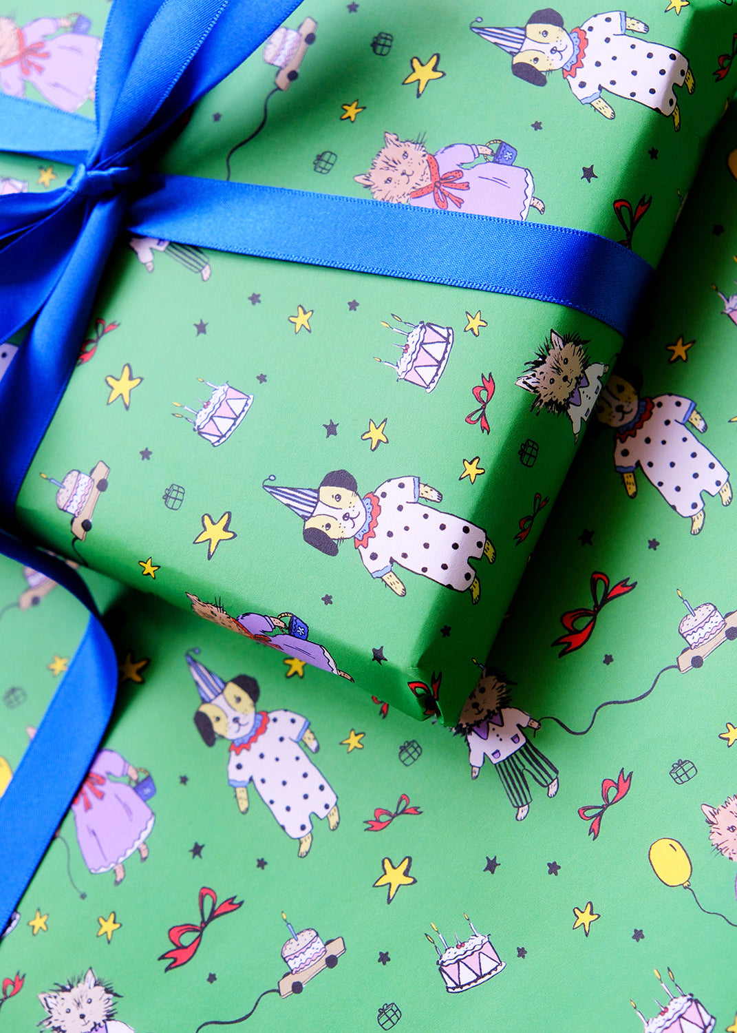 Gift wrapped in green paper with cartoon dog design and blue ribbon