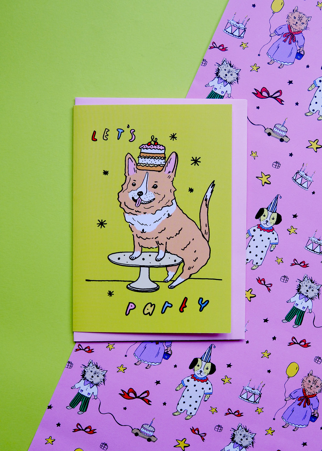 Bright Green Corgi Cake “Let’s Party” Birthday Card