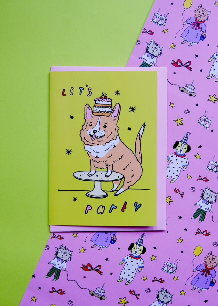 Bright Green Corgi Cake “Let’s Party” Birthday Card