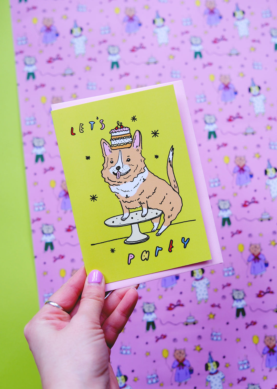 Bright Green Corgi Cake “Let’s Party” Birthday Card