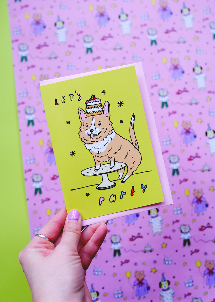 Bright Green Corgi Cake “Let’s Party” Birthday Card