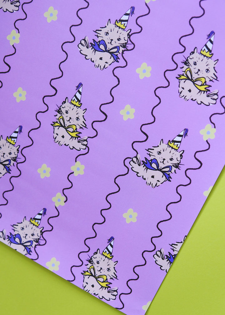 Purple Party Cats Gift Wrap - Single Sheet