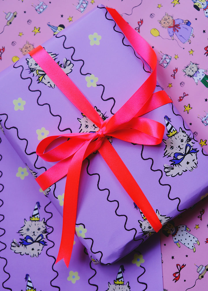 Purple Party Cats Gift Wrap - Single Sheet