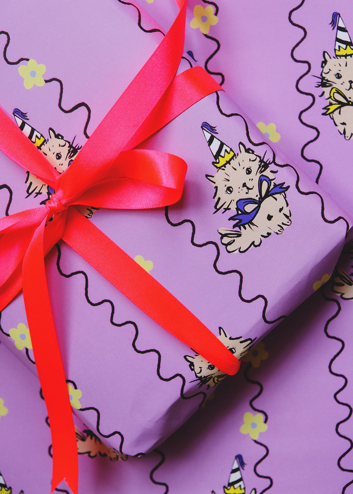 Purple Party Cats Gift Wrap - Single Sheet