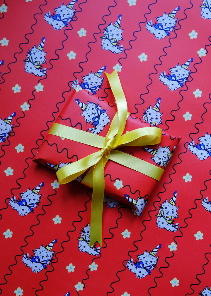 Red Party Cats Gift Wrap - Single Sheet
