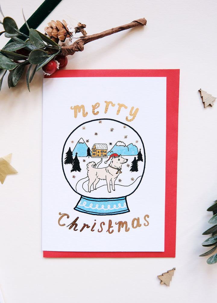 Merry Christmas Snowglobe Dog Luxury Foiled Christmas Card Single